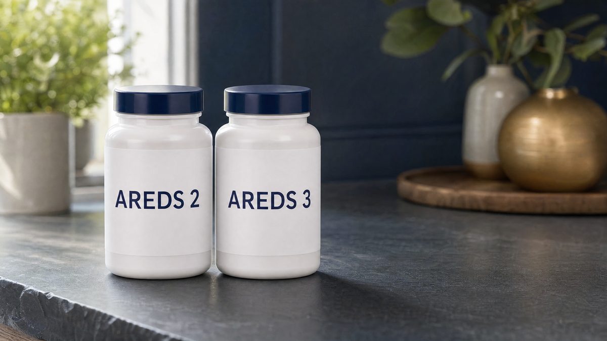 Two white supplement bottles with dark blue caps on a slate counter, labeled AREDS 2 and AREDS 3