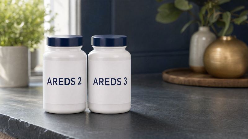 Two white supplement bottles with dark blue caps on a slate counter, labeled AREDS 2 and AREDS 3