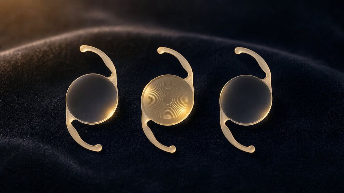 Three intraocular lens implants in a row on navy velvet, the middle one a ringed trifocal