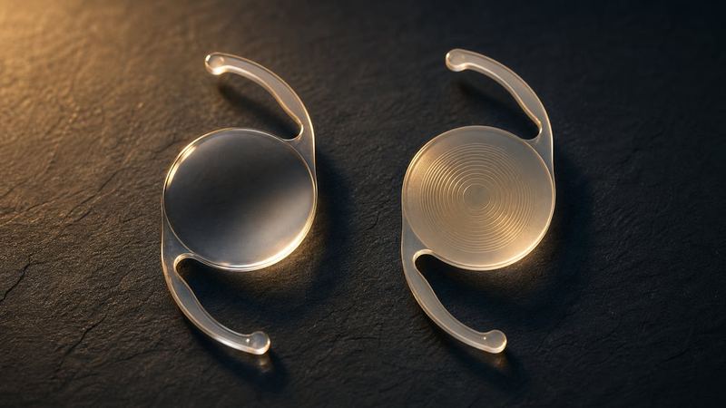 Two intraocular lens implants side by side on dark slate, one smooth and one with diffractive rings