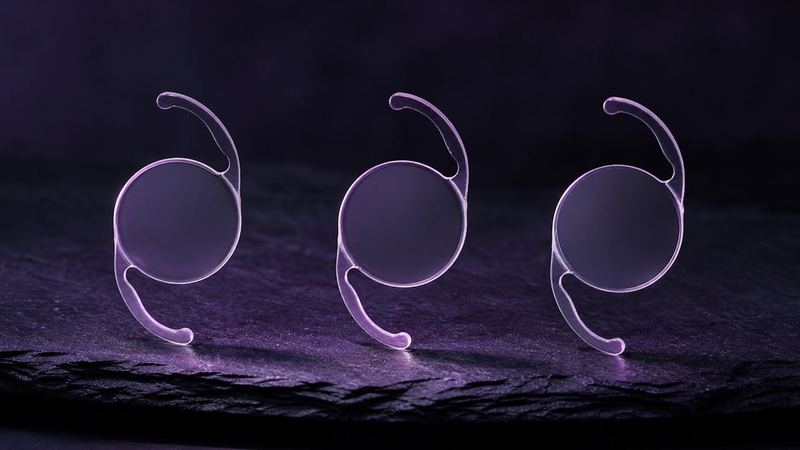 Three intraocular lens implants in a row under violet light, one for each adjustment