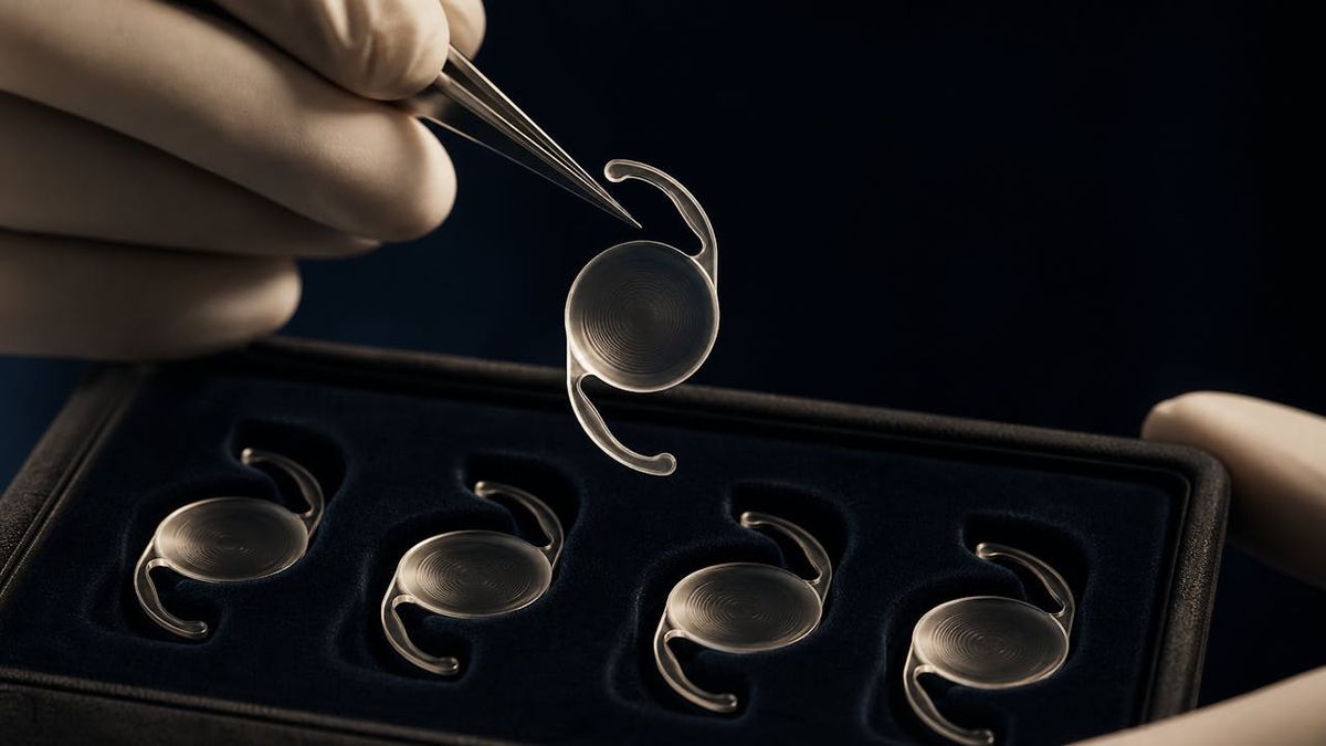 Gloved hands lifting an intraocular lens with forceps from a case holding four more