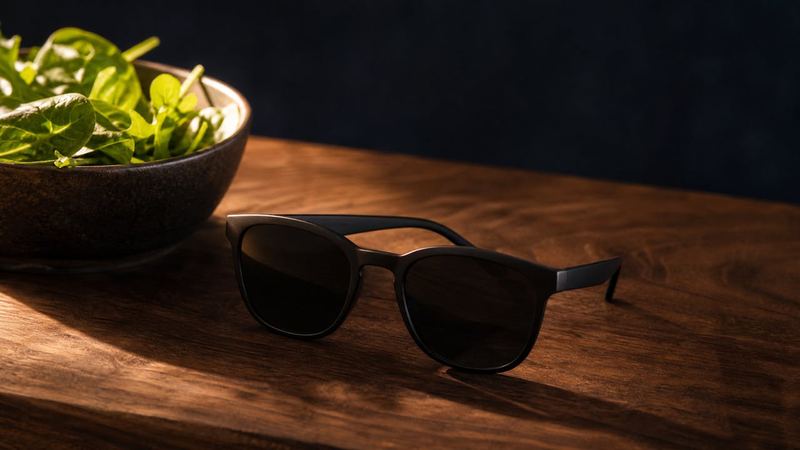 Sunglasses on a sunlit wooden table beside a bowl of leafy greens