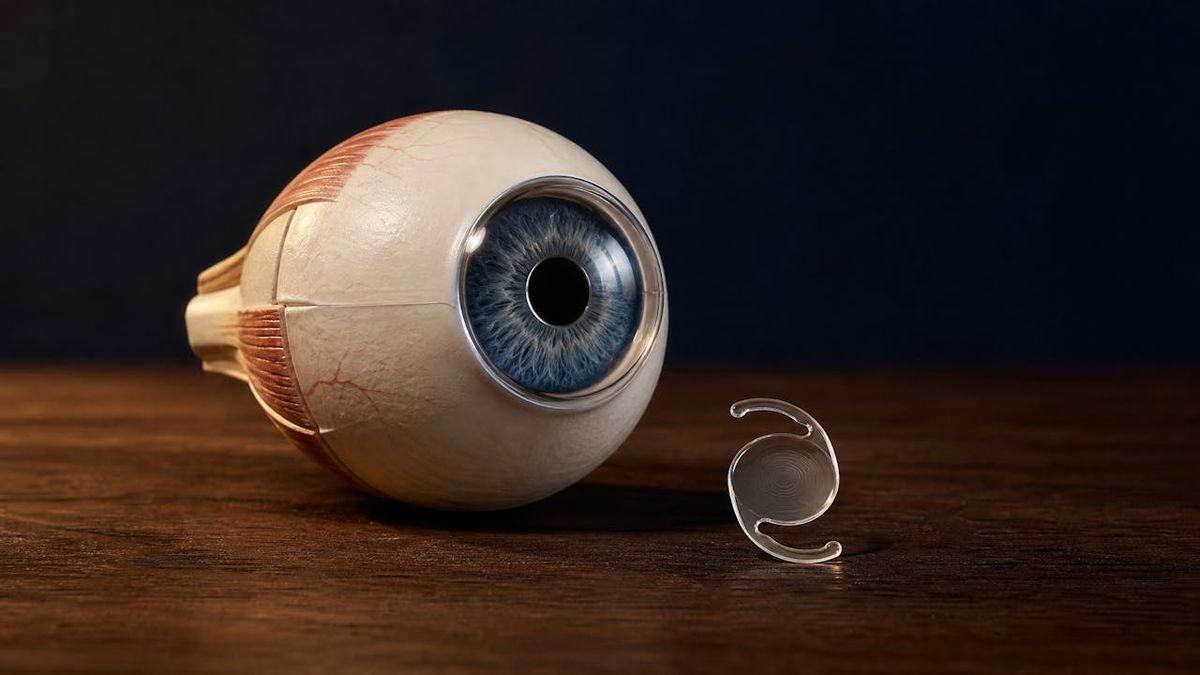 An anatomical model of a human eye on a walnut desk with an intraocular lens implant beside it