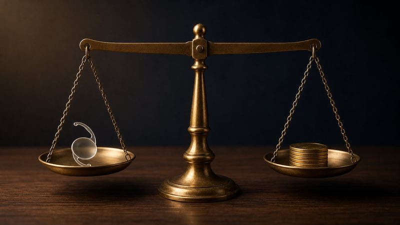A brass balance scale with an intraocular lens on one pan and a stack of gold coins on the other