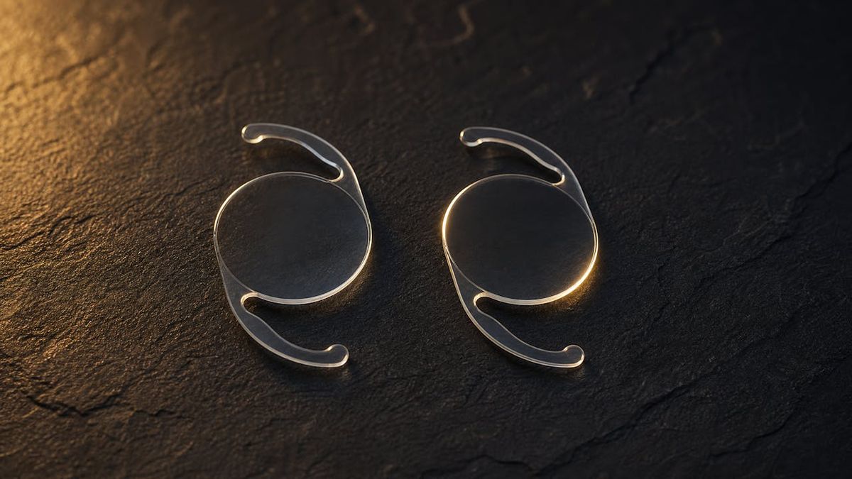 Two identical smooth intraocular lens implants side by side on dark slate