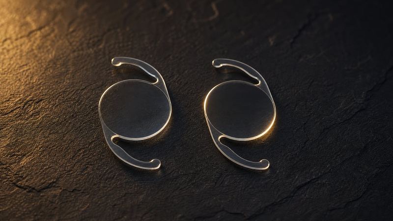Two identical smooth intraocular lens implants side by side on dark slate