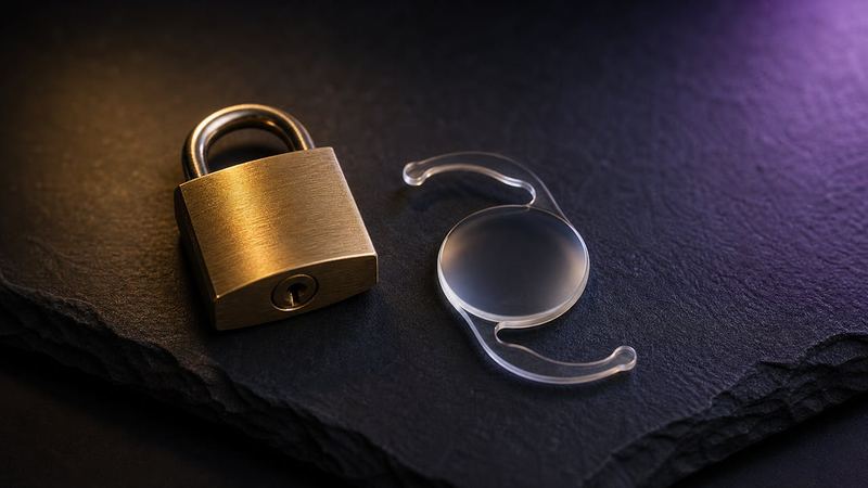 A closed brass padlock beside an intraocular lens implant on dark slate