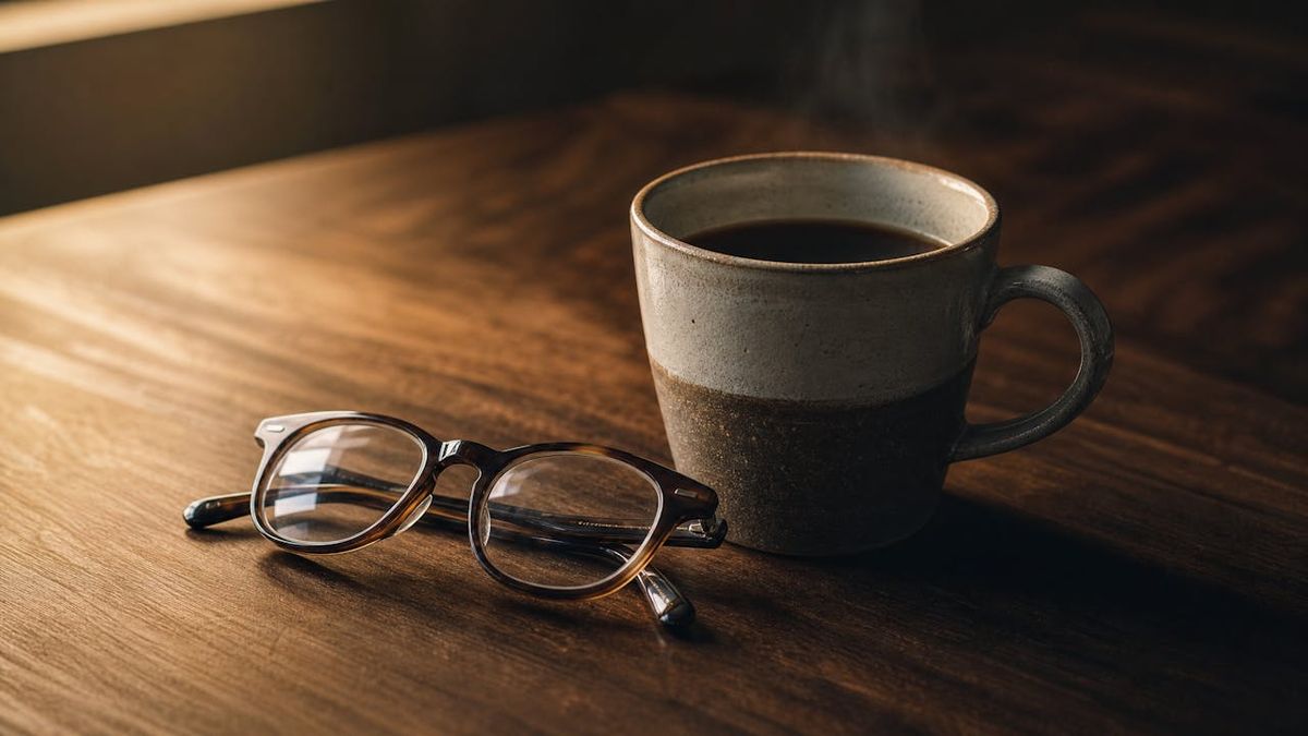 Folded reading glasses on a walnut table beside a cup of coffee