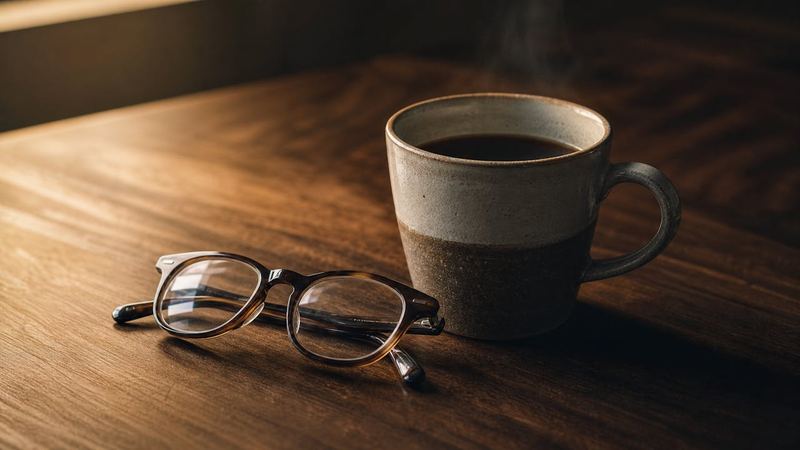 Folded reading glasses on a walnut table beside a cup of coffee