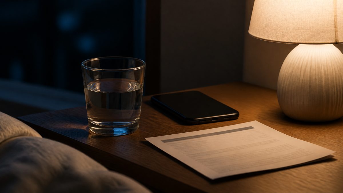 A bedside table the night before cataract surgery: a glass of water, a phone, and a folded surgery center instruction sheet