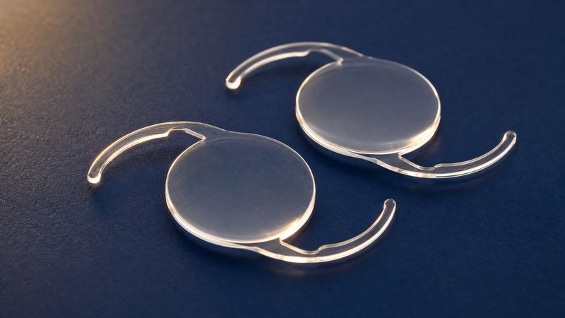 Two clear intraocular lens implants side by side on a navy surface, each a round optic with two curved haptic arms