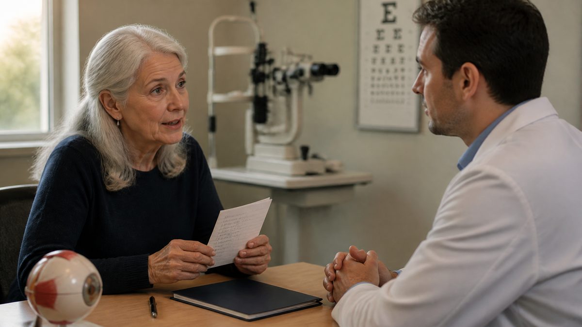 A patient reads from a handwritten list of questions across the desk from her cataract surgeon at a pre-op visit