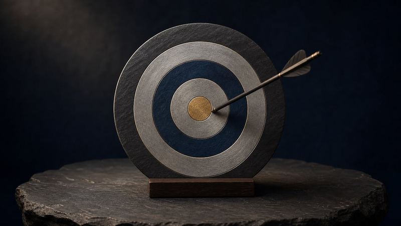 An archery target with a single arrow landed just outside the gold center