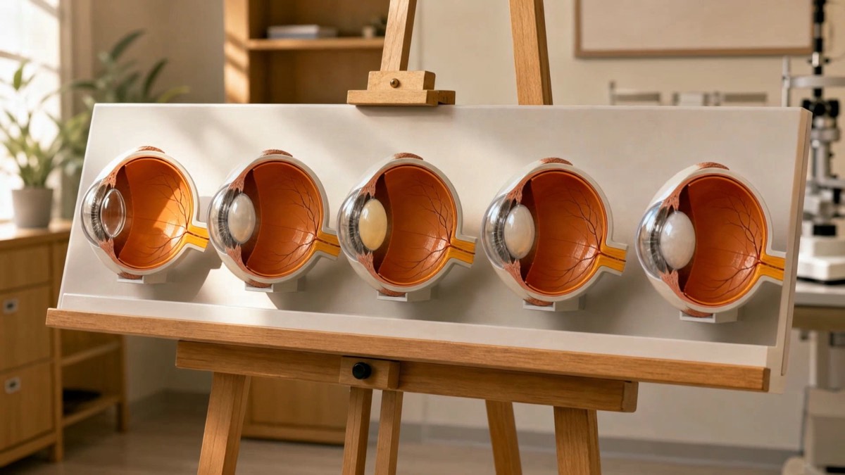A row of anatomical eye models showing a lens progressing from clear to increasingly cloudy.