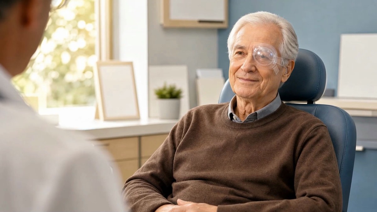 A relaxed older patient wearing a clear protective eye shield talks with his surgeon at a follow-up visit the day after cataract surgery.