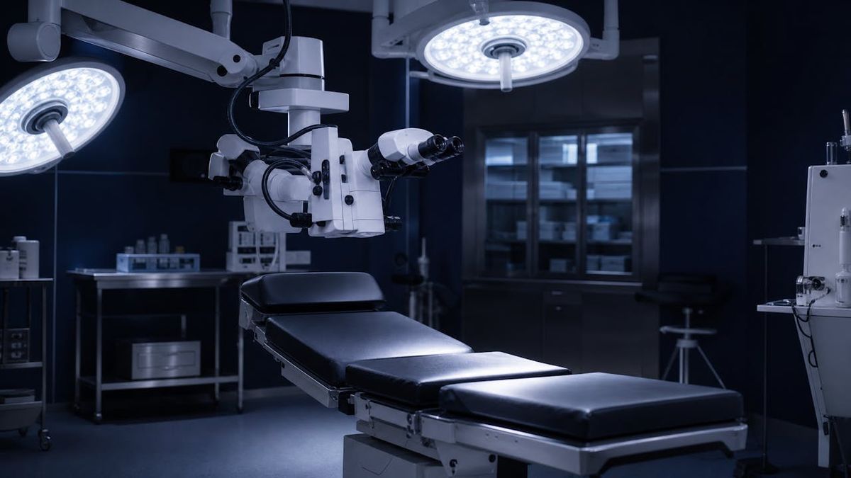 An empty ophthalmic operating room with the surgical microscope and lights switched on