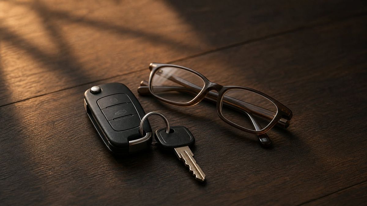 Car keys and folded reading glasses on an entry table in evening light